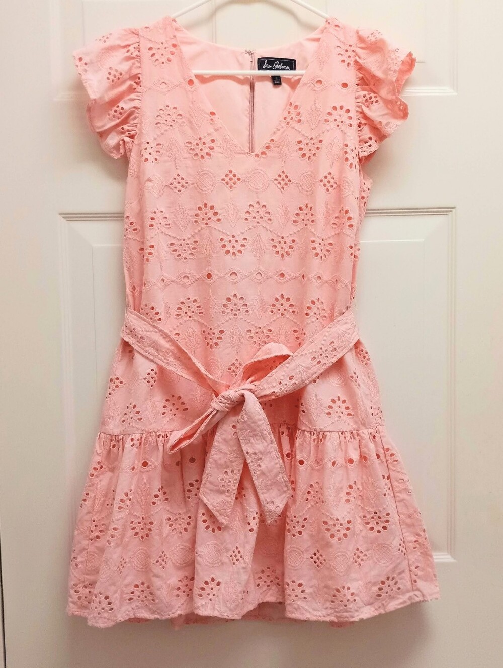Sam Edelman Eyelet Mini Dress Size 6 Peach Pink Flutter Sleeve Tiered Coquette